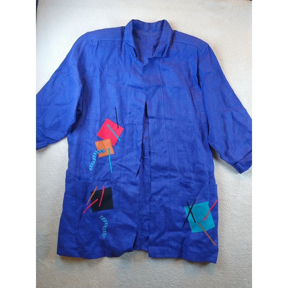 Beppa Linen Open Front Embroidered  Jacket Blazer Women's Medium Artsy Vintage